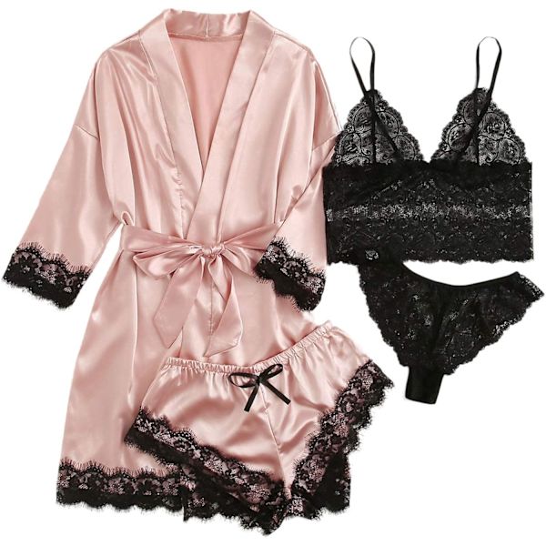 Dam satin pyjamas set med 4 blommiga spets sling underkläder pyjamas med morgonrockar
