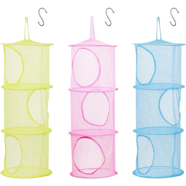 3 stk barneoppbevaringsnett, sammenleggbar nettingkurv Hengende leketøyoppbevaring med S-Hoo