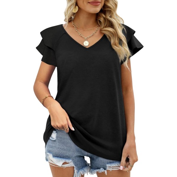 Womens Summer Tops Ruffle Short Sleeve V Neck T-Shirts Casual Loose Fit XL