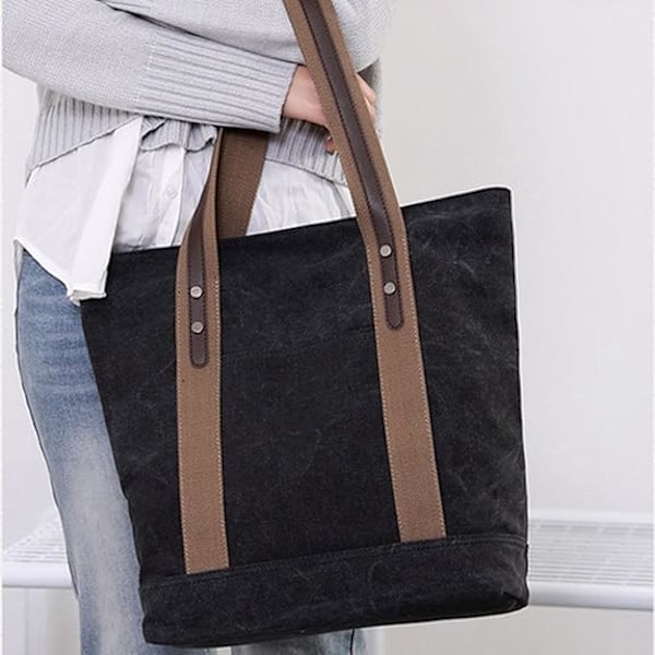Dam Canvas Axelväskor Retro Casual Handväskor Arbetsväska Tote Väskor（svart）