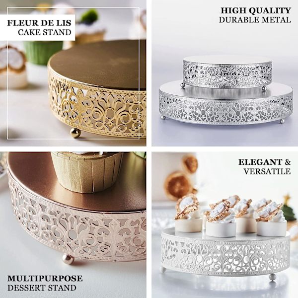 8\" Rund spets silver metall bröllopstårta stativ, dessert display stativ glänsande metallisk finish för dessert cupcake bakverk godis display