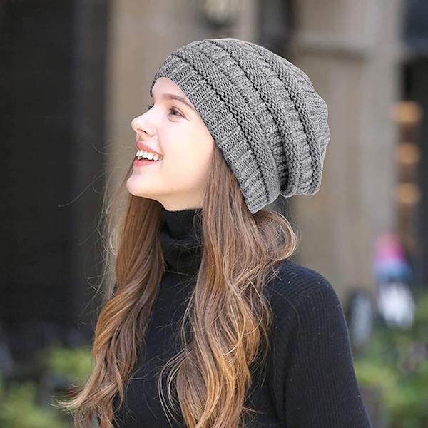 Vinter stickad mössa för kvinnor satin fodrad kabel tjock chunky mössa herr mjuk slouchy varm hatt