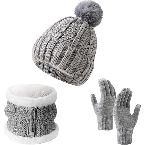 Stickad Mössa Set Pompom Mössa Halsduk Handskar Vinter Varm Halsvärmare med Foder 3 Delar kompatibel Män och Kvinnor Vinter Stickad Mössa Set Halsduk Handskar