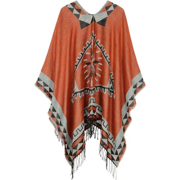 Dame Vinter Trykt Åpen Front Poncho Cape Rutete Sjal