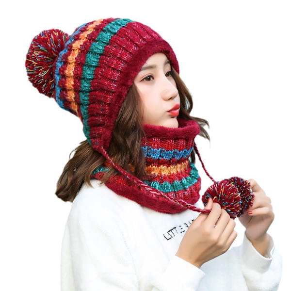 Damer Strikket Hue Halstørklæde Sæt Vinter Varmt Fortykke Hæklet Bobble Pom Pom Hue