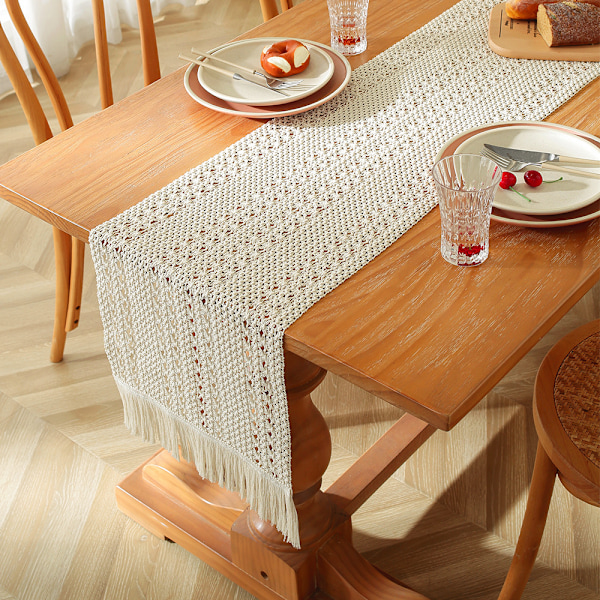 Bohemisk bordslöpare, beige, macramé, rektangulär, virkad spets, nät, lantlig stil, 35 x 160 cm