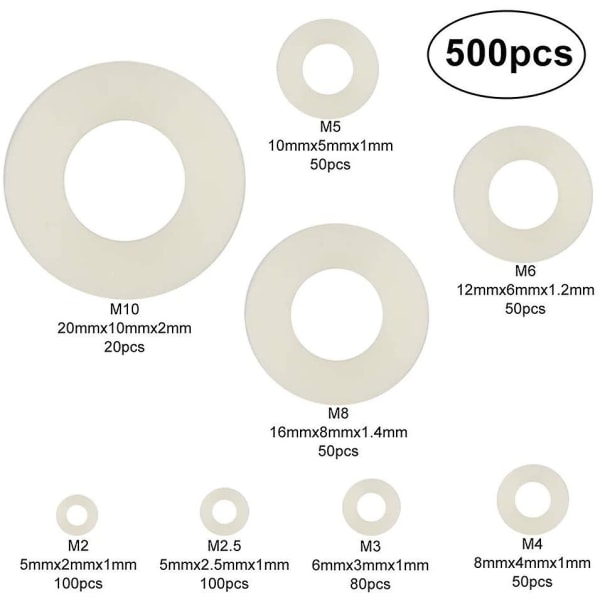 500 plastbrickor, nylon platta brickor M2/M2.5/m3/m4/m5/m6/m8/m10 vit