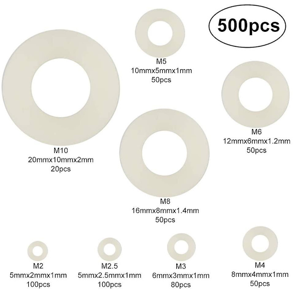 500 plastbrikker, nylon fladebrikker M2/M2.5/m3/m4/m5/m6/m8/m10 hvid