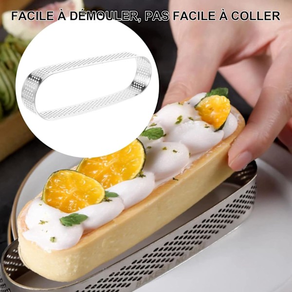 Tærteform i Ring, Sæt af 6 Rustfrit Stål Tærteforme i Oval Form, Varmebestandig, Perforeret til Mousse Kager (13 * 4.5 * 2cm)
