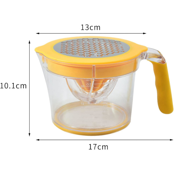 Citron- og Appelsinpresser, Multifunktionel Manuel Citruspresser Appelsin Citronpresser med Transparent Målebæger, Rivjern og Æggeskiller (Gul)