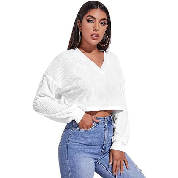 Kvinnors pullover beskuren t-shirt långärmad V-ringning casual crop tops XL VIT