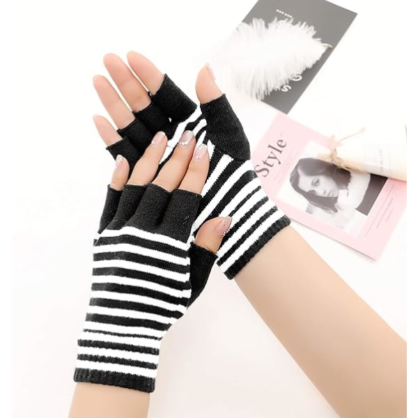Unisex Stretchy Fingerless Hand Warmer Gloves Black and White Str