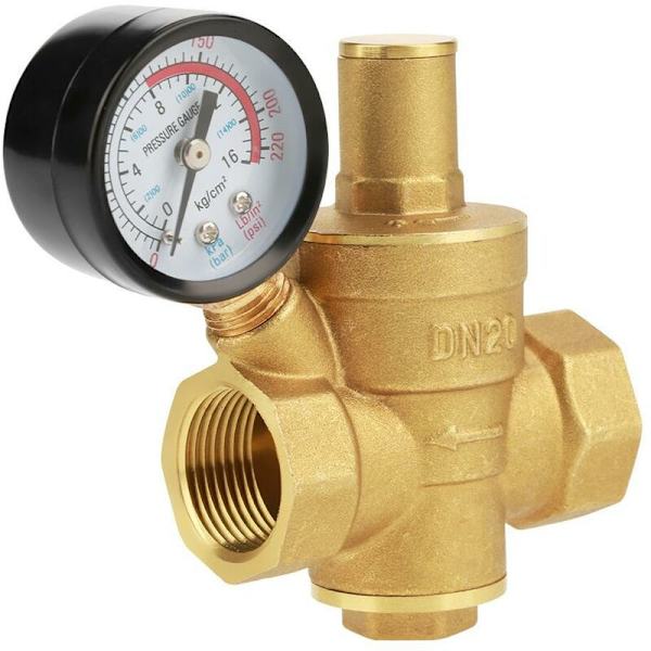 DN20 Justerbar Vandtryksreducer, Messing Vandtryksreducer + Manometer Vandtryksmåler (DN20)