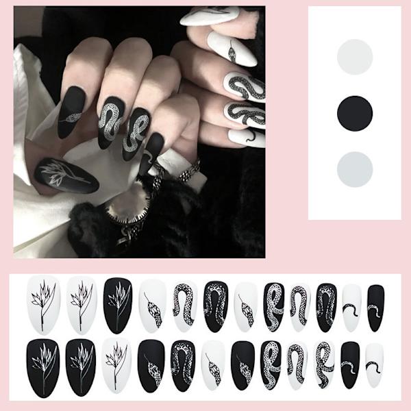 24 stk. Matte Falske Negle Medium Almond Akryl Neglekunst Punk Falske Negle til Fest og Hjem DIY (Sort & Hvid)