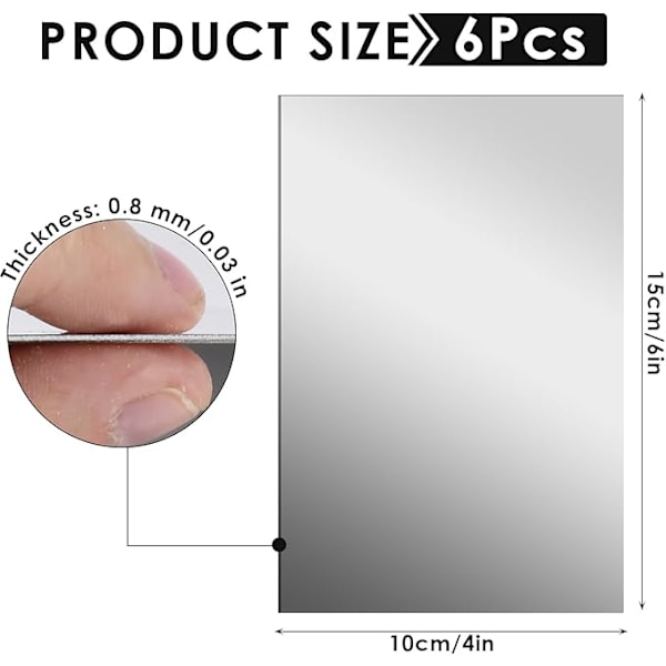 Akrylspegel, 6 st självhäftande väggspegel 10x15cm, Flexi spegelark, självhäftande väggspegel, icke-glas flexibel spegel, självhäftande väggspegel