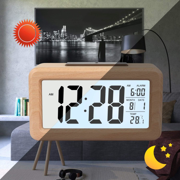 Enkel inställning Trä Digital väckarklocka med temperatur, Digital väckarklocka, Datum, Bakgrundsbelysning, Snooze