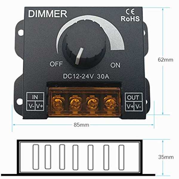Dimmer 12V 24V 30A Enkeltfarvet LED Regulator Controller til LED Strip Lysbånd Lampe Belysningsstyring Lysstyrke Sort
