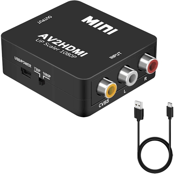 RCA til HDMI Adapter, AV til HDMI Konverter, Mini CVBS Video Audio til HDMI 1080P, Kompatibel med Xbox 360 PS2 PS3 WII N64 Konsoller til Tilslutning til H