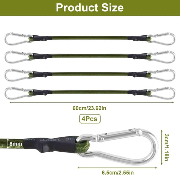 Elastiska snören med karbinhake, 60 cm, elastiska snören med krokar, elastiskt bagagesnöre, elastiska remmar, kompatibla med campingpresenningar