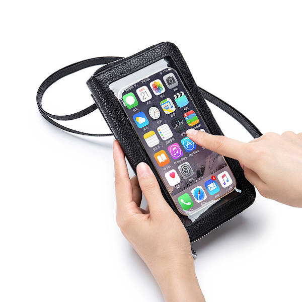 Äkta läder transparent touch screen mobil plånbok crossbody väska mini T