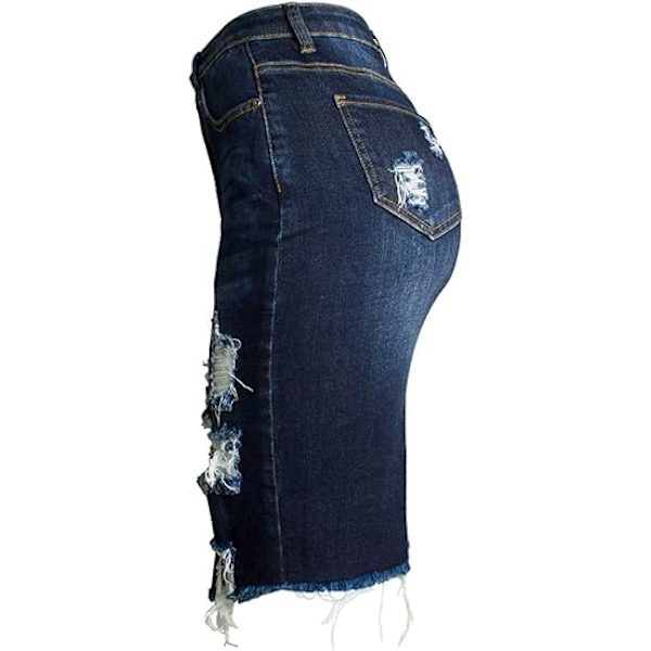 Kvinde Bodycon Front Split Frayed Mørk Vasket Midi Denim Blyantsnederdel STØRRELSE