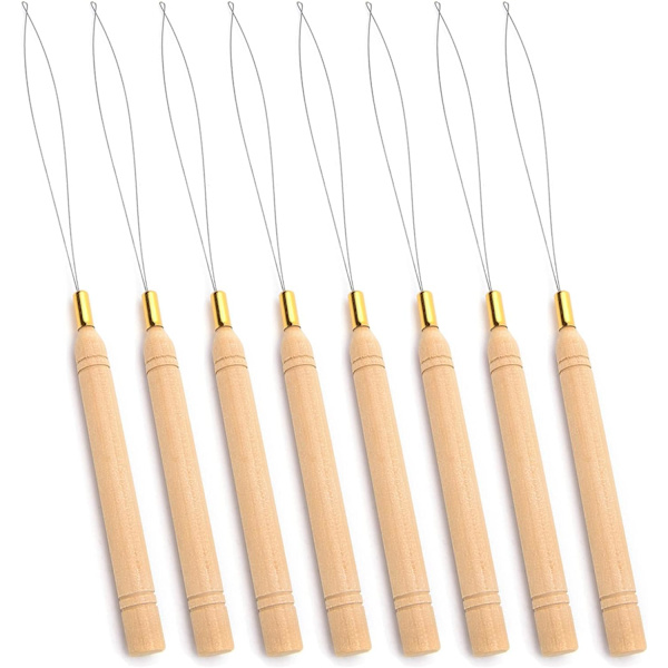 Hårtilläggningsslinga nålträdare verktyg, trä hårtillägg draghåksverktyg för mikro ringar nano pärlor styling tillbehör 8 st, 233 mm