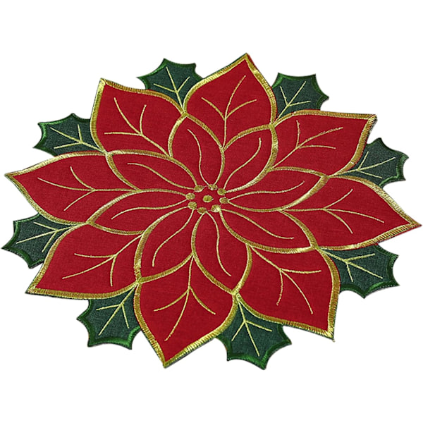 Julduk, Röda Julstjärnor Broderade Dukar, 16 Tum Runda Jul Broderade Dukar, Julblommformad Duk för Jul