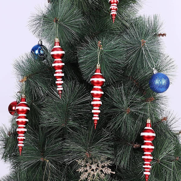 Julgransprydnader, 6 stycken röda och vita istappformade julgranshängen, 14 cm glitteristappar