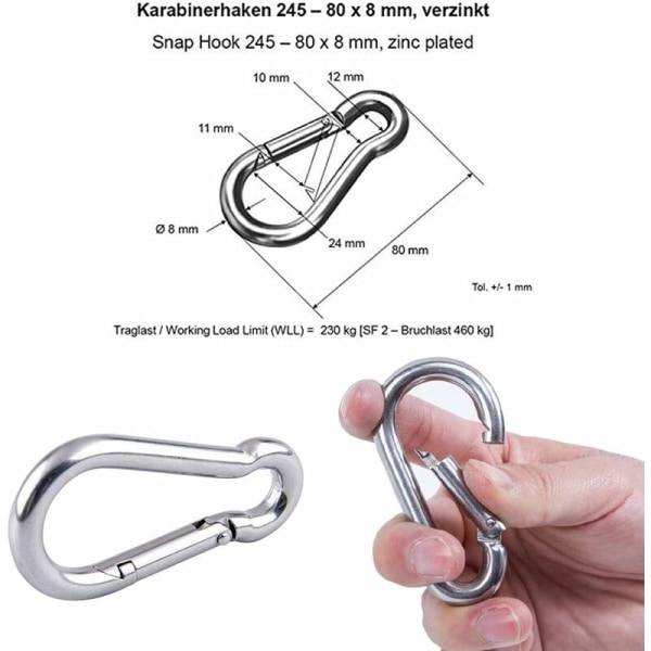 10 kpl karabiini 8X80Mm - Pikalukko - Max Kuorma: 230Kg