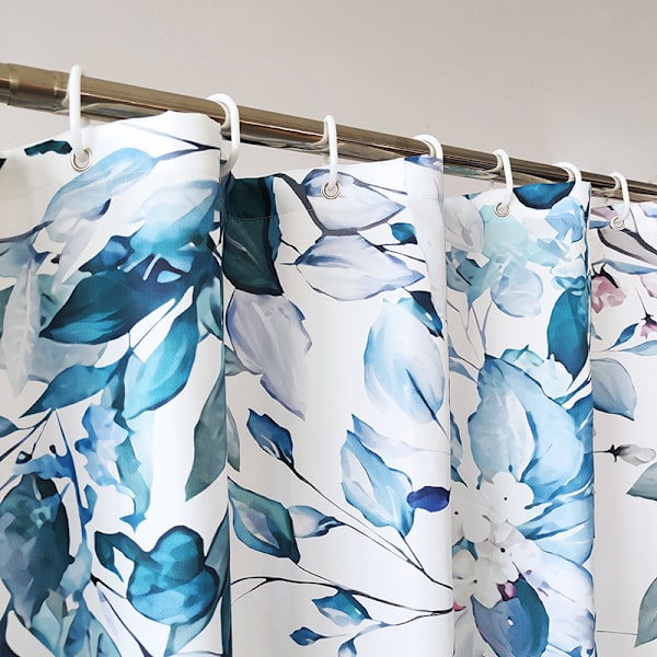 Duschdraperi med 12 krokar Blommig Polyester Vattentät Badrumsdraperi Viktad fåll Maskintvättbar Snabbtorkande 150 x 180 cm Blå