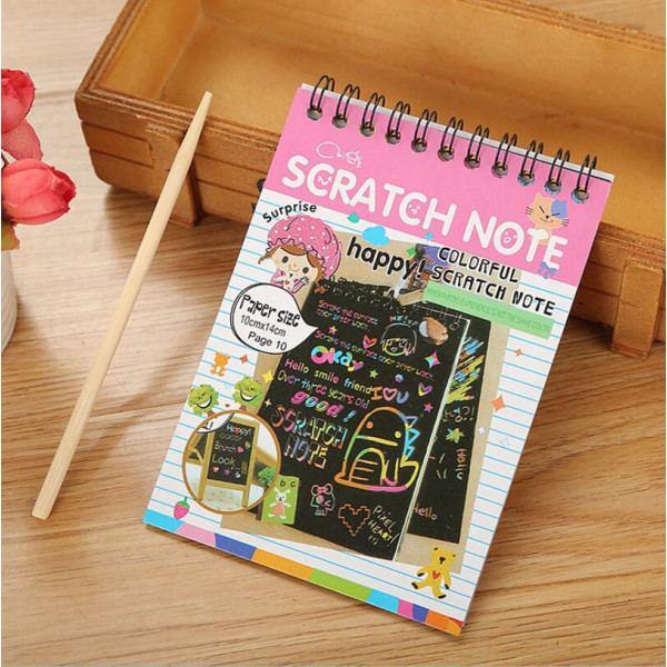 Rainbow Art Scratch Paper Notebook med träpenna, paket med 4