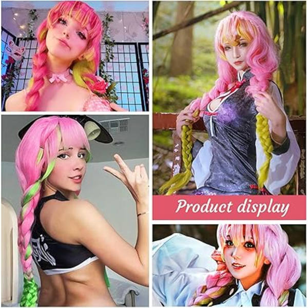 Kanroji Mitsuri Cosplay -peruukki, Anime Cosplay Kanroji Mitsuri, vihreä liukuvärjätty vaaleanpunainen palmikoitu peruukki tuplaponinhännillä, sopii aikuisille ja lapsille