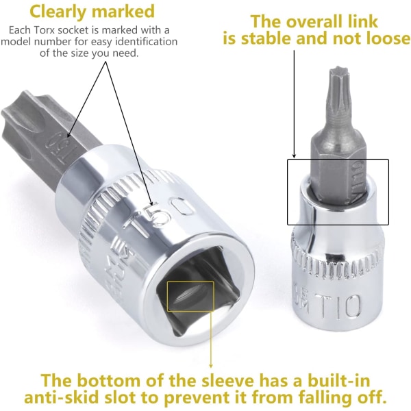 13-osainen hylsyavainsarja, hylsysarja, naarastorx-hylsyt, torx-hylsysarja, kromivanadiumteräs 1/4\", 3/8\" ja 1/2\" -käyttö