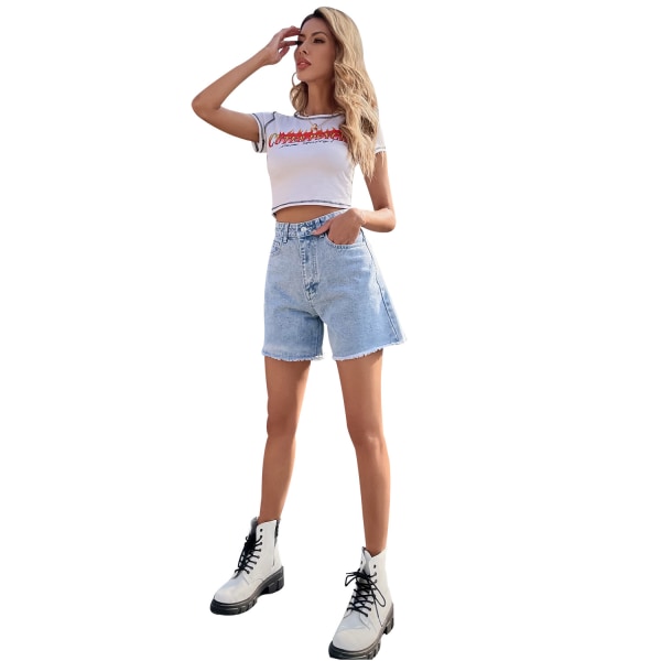 Kvinners høye midje denim shorts rett ben rå kant jean shorts sommer hot