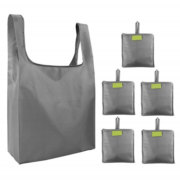Gjenbrukbare handleposer, sammenleggbare store handleposer med påsydd lomme, gjenbrukbare toteposer, maskinvaskbare for kjøkkenhandel, grå 5-pakninger