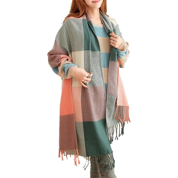Dam Scarves Vinter Lång Mjuk Varm Tartan Check Wraps Ull Spinning Tassel