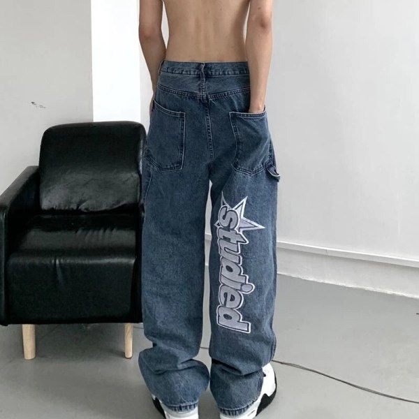 Efterårets nye streetwear retro hip-hop brevbroderi jeans løse lige-
