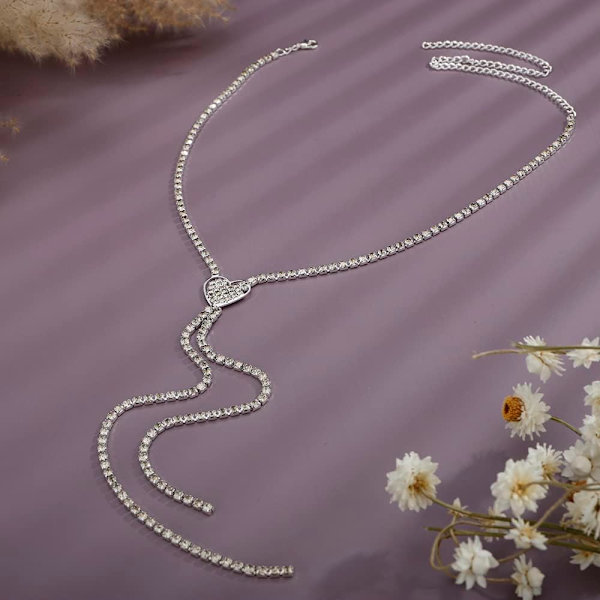 2 stk Rhinestones Beads Y Choker med hjerteanheng Sølv Halskjede