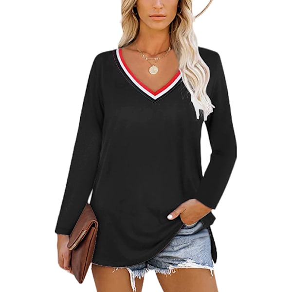 Womens Casual Long Sleeve T Shirts Striped V Neck Solid Basic Pullover Tuni