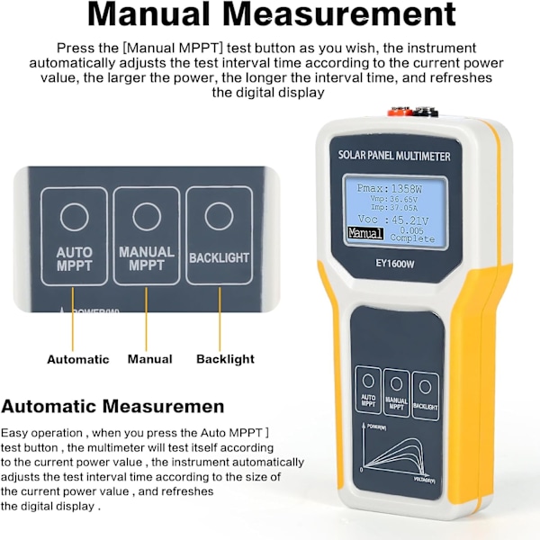 Solpanel Multimeter, EY1600W Fotovoltaisk Panel Multimeter Solpanel MPPT Tester Maksimal Effekt Punkt Effekt Måler