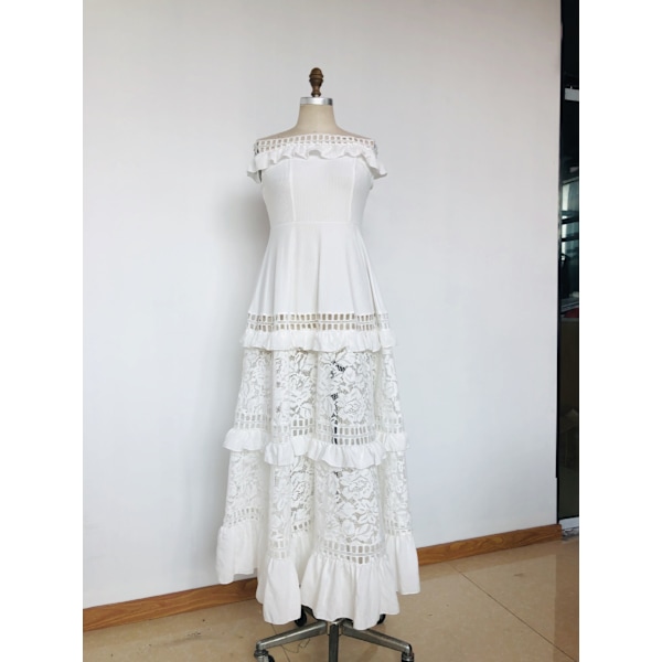 Womens Off The Shoulder Ruffle Party Dresses Side Split  Maxi Dress