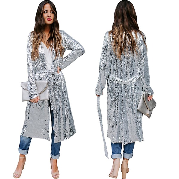 Dame Sequin Jakke Åben Front Blazer Casual Langærmet Frakke-XXL