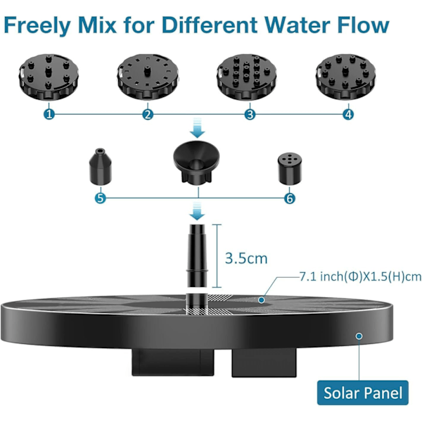 Utendørs flytende solfontene 3,5W solcelledrevet dam pumpe med 6 dyser for fuglebad akvarium utendørs hagefontene