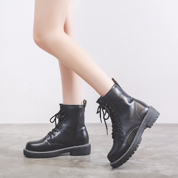 Kvinners Fashion Ankelstøvletter Side Glidelås Snøring Combat Boots Svart