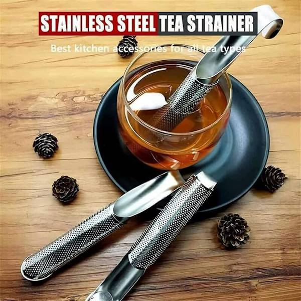 2 stk. rustfrit stål te-si, krogformet håndtag, fine si-huller, rustfrit stål te-si, te-si