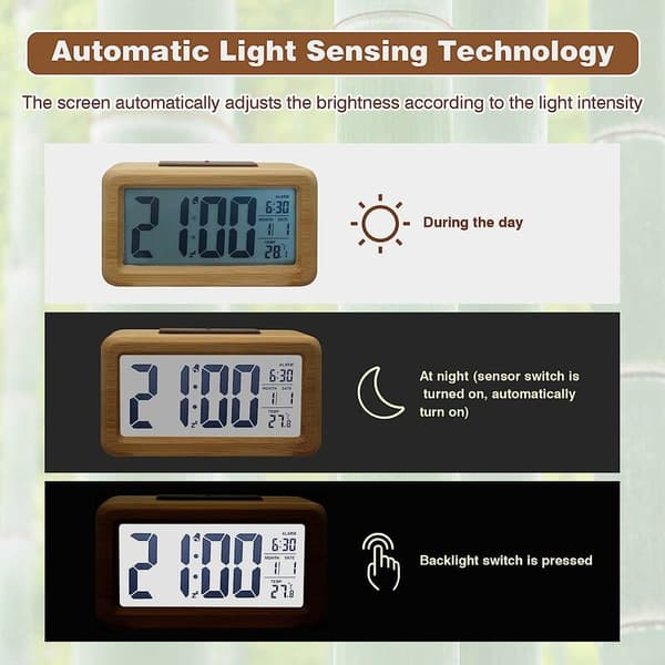 Træ Digitalt Vækkeur, Stort LED Display, Smart Sensor Nattelys, Sn