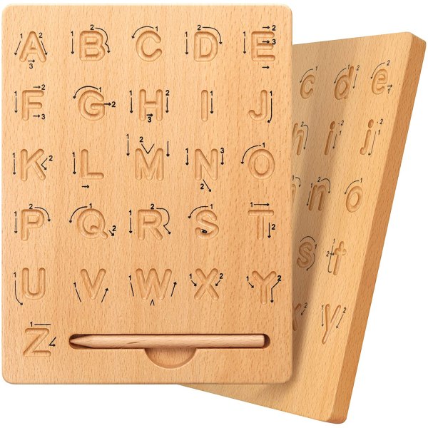 Trä alfabetet övningstavla, dubbelsidig alfabetet spårningsverktyg för att lära
