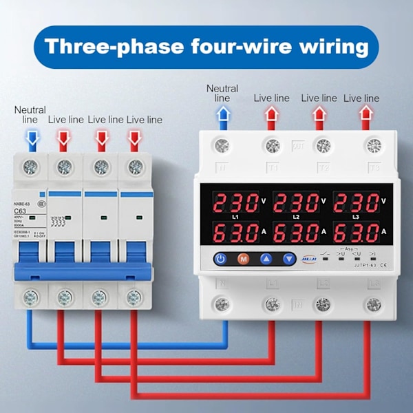 Spennings- og strømvern, justerbar trefaset over-/underspenningsbeskyttelsesenhet, AC230V DIN-skinneoverspenningsvern med gjenoppretting (Størrelse: 63A)