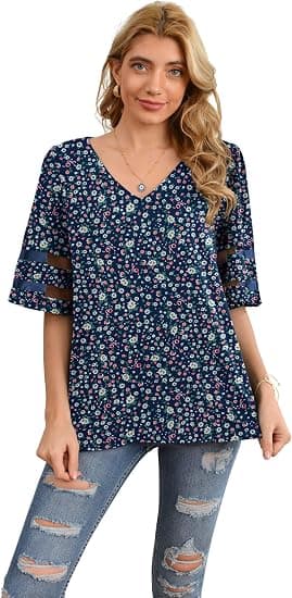 Dame V-hals Chiffon Bluse Mesh Panel Bluse 3/4 Klokkeærme Løs Top S