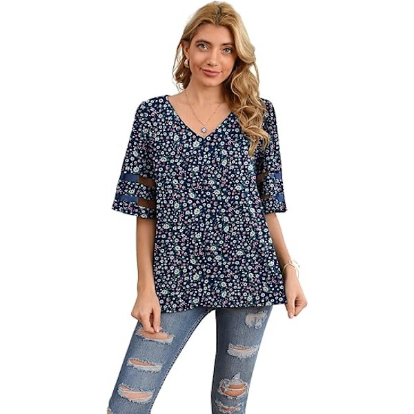 Kvinnors V-ringad chiffongblus Mesh Panel Blus 3/4 Bell Sleeve Lös Topp S